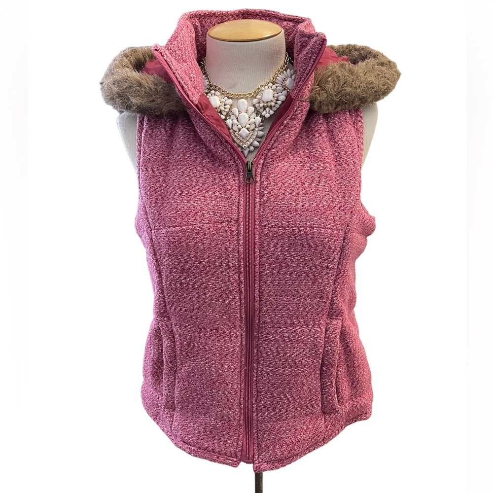 Pink Faux Fur Hooded Vest Women’s Large Full Zip Cozy Winter Vest